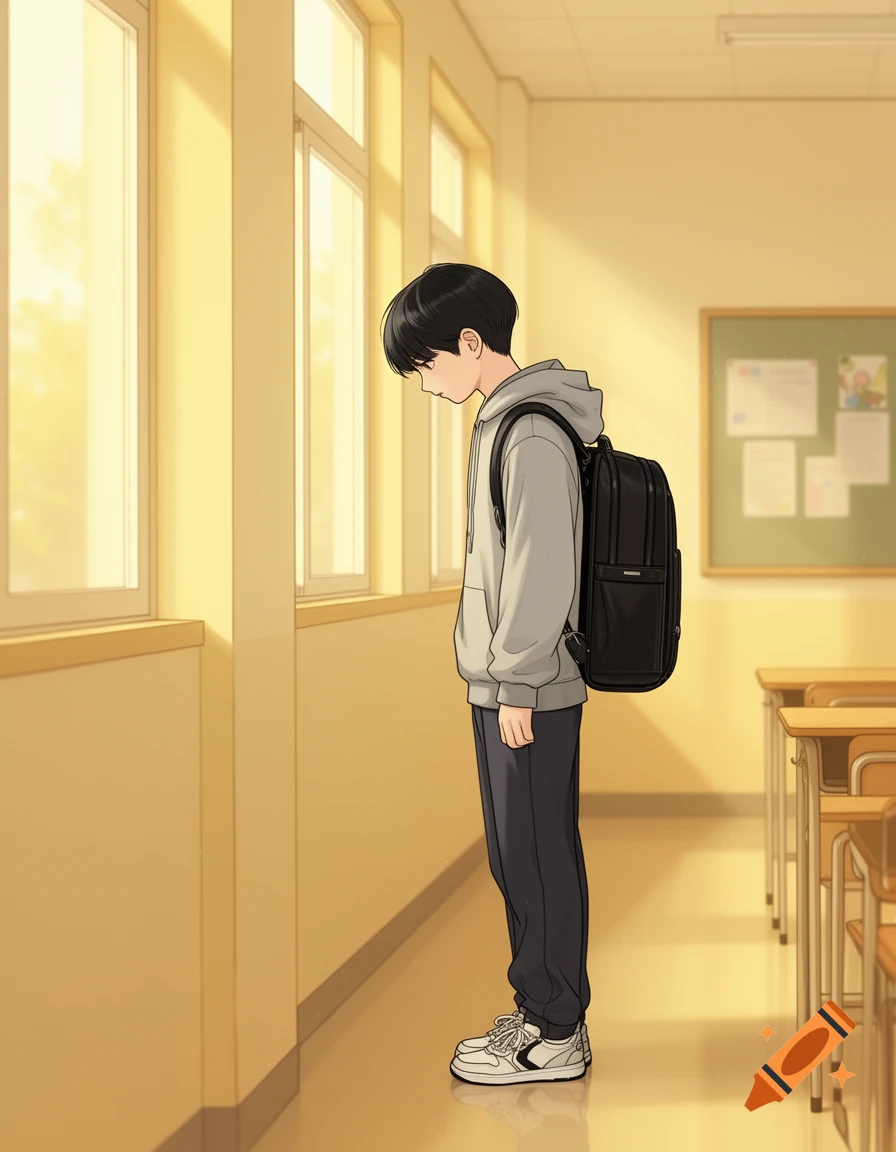 Anime illustration of a solemn male student in a gray hoodie and black backpack standing in a sunlit school hallway, looking down.