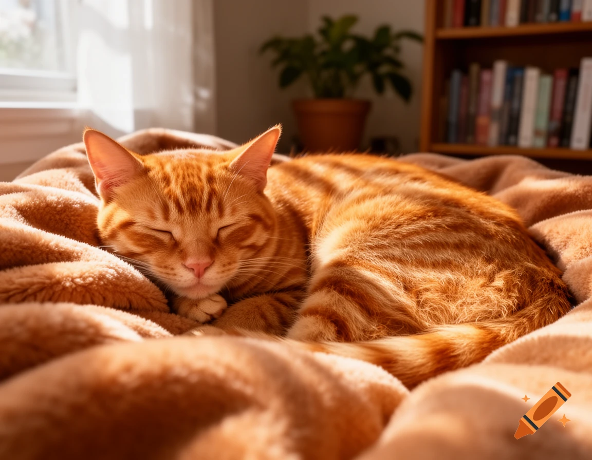 An orange tabby cat sleeps peacefully on a cozy blanket, bathed in sunlight, with a bookshelf visible in the background.