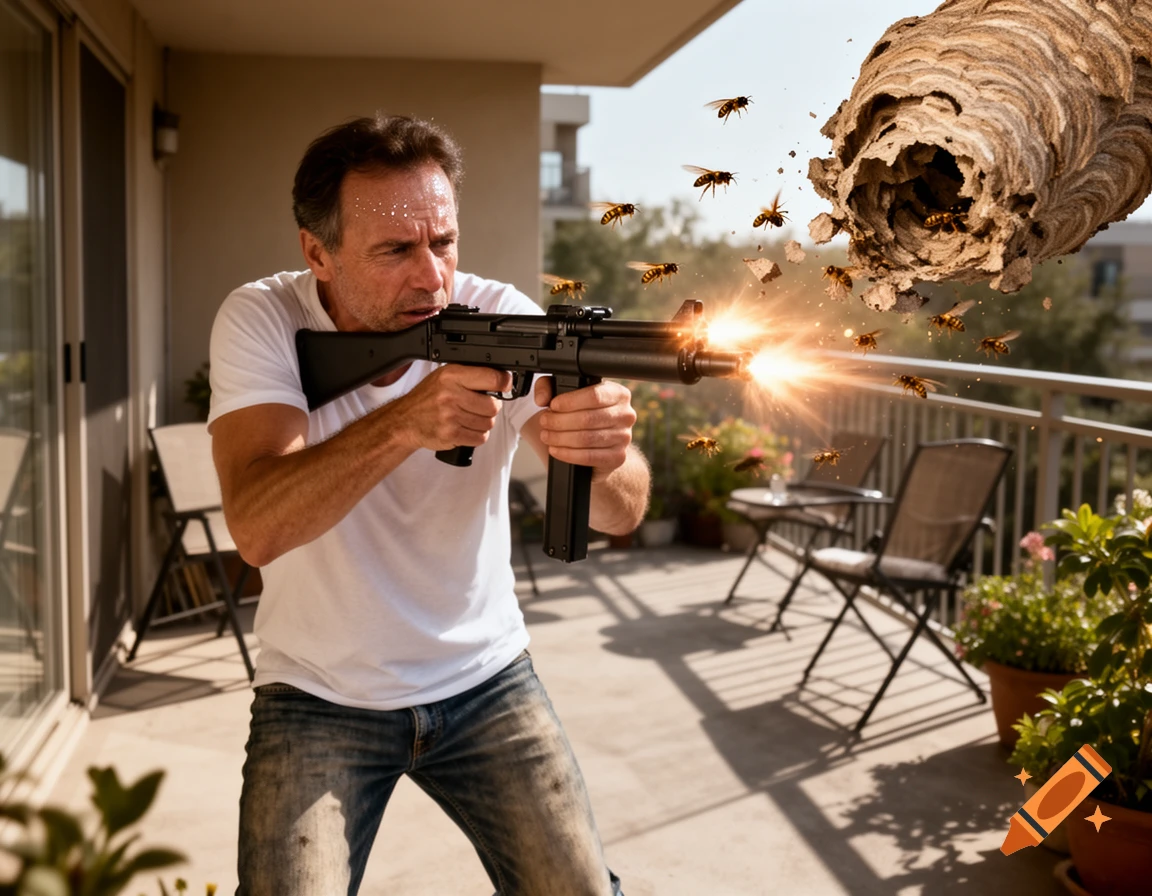 Man in a white t-shirt and jeans shooting a rifle at a large wasp nest and swarming wasps on a sunny balcony, photorealistic.