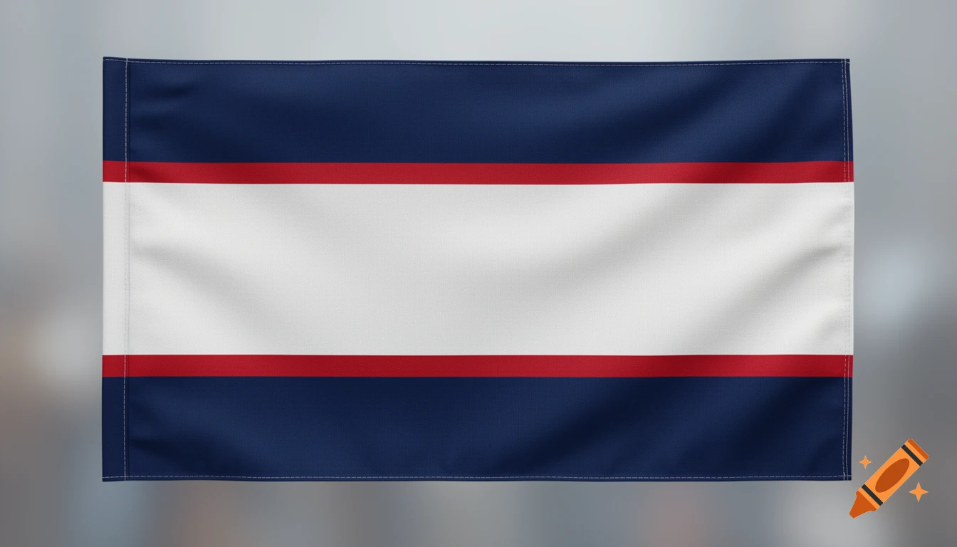 A flag with horizontal navy blue, thin red, wide white, thin red, and navy blue stripes.