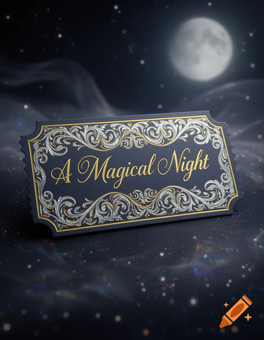 An ornate dark blue ticket with gold and silver filigree reads 'A Magical Night' against a starry night sky with a full moon.