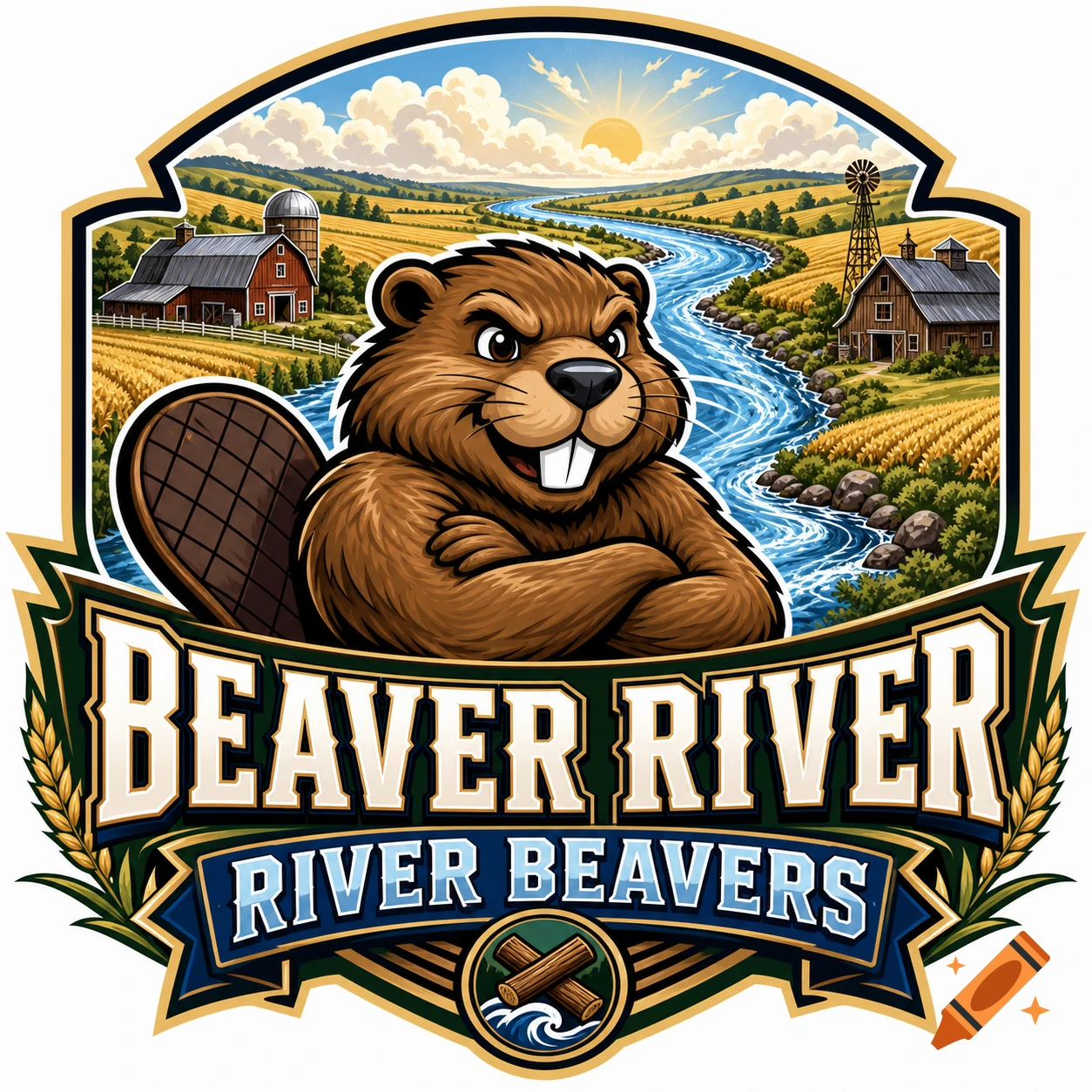 Illustrated logo featuring a cartoon beaver with crossed arms in front of a river flowing through farmland with barns, labeled 'BEAVER RIVER RIVER BEAVERS'.