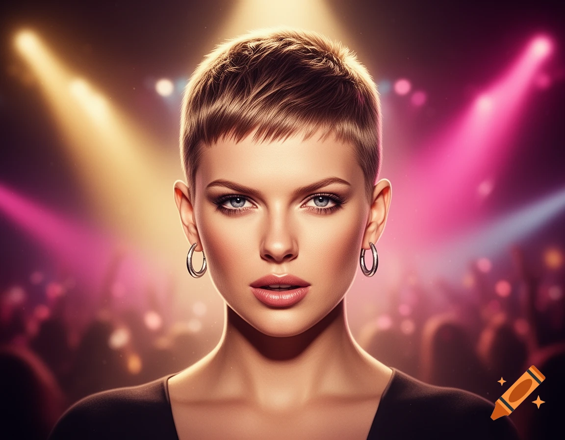 Photorealistic portrait of a woman with a short buzzcut, hoop earrings, and blue eyes, against a backdrop of colorful stage lights.