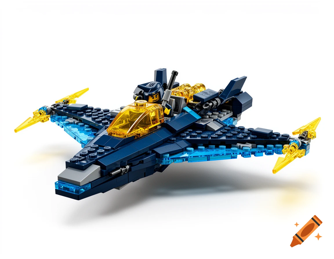 A dark blue and electric blue Lego jet with a clear yellow cockpit and yellow lightning blades on wingtips, on a white background.