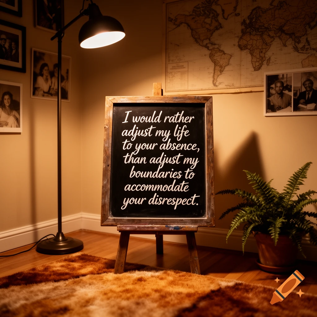 A chalkboard displaying an inspirational quote in a dimly lit, cozy room with a lamp, potted plant, framed photos, and a furry rug.