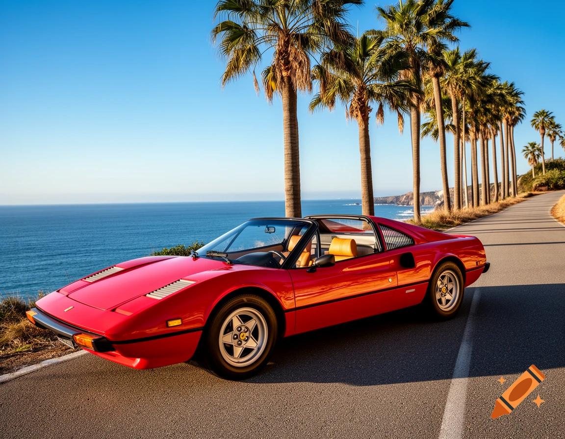 A red Ferrari 308 GTS convertible drives along a scenic coastal road lined with palm trees, overlooking a blue ocean under a clear sky.