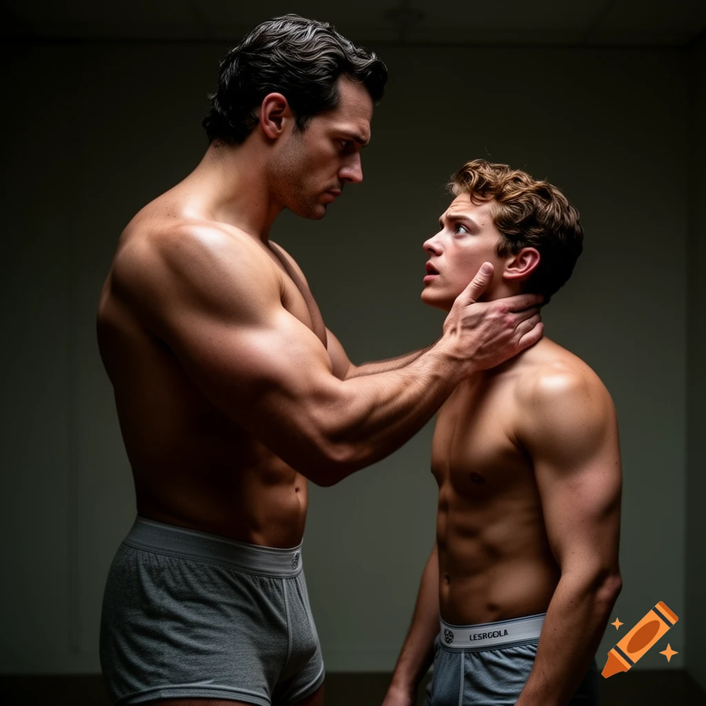 A muscular man in gray boxers holds the neck of a smaller, surprised man in gray boxers, both shirtless.