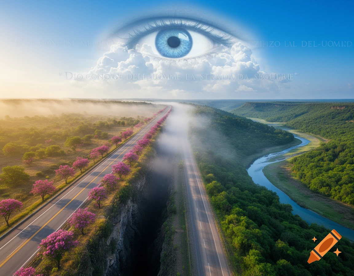 Aerial view of two winding roads, one lined with pink trees leading to a dark chasm, the other alongside a river in a green valley, under a sky with a large blue eye in the clouds.