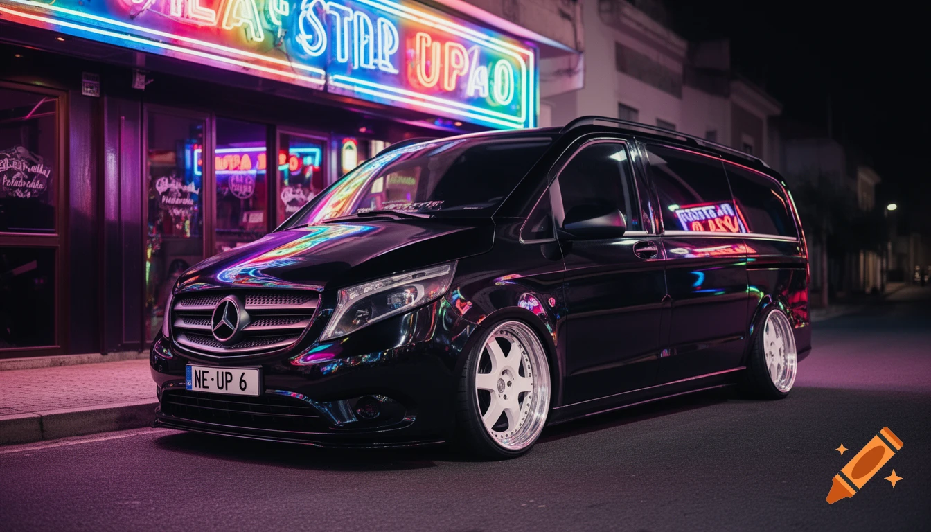 A black Mercedes-Benz van with lowered suspension and white wheels parked at night in front of a building with bright neon signs.