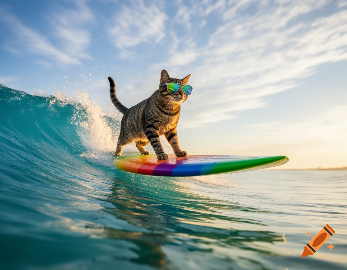 A cool tabby cat wearing sunglasses stands on a rainbow surfboard, riding a clear blue ocean wave under a bright sky.