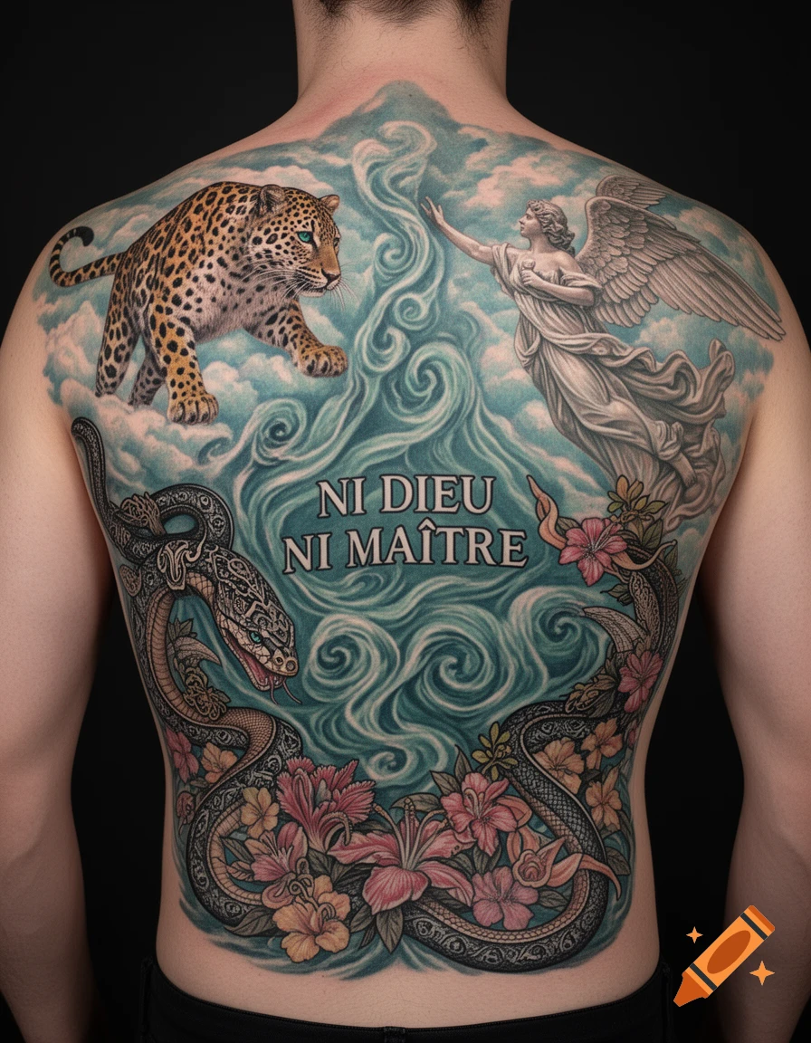 A colorful, intricate full back tattoo depicting a leopard, an angel, snakes, and exotic flowers around the text "NI DIEU NI MAÎTRE".