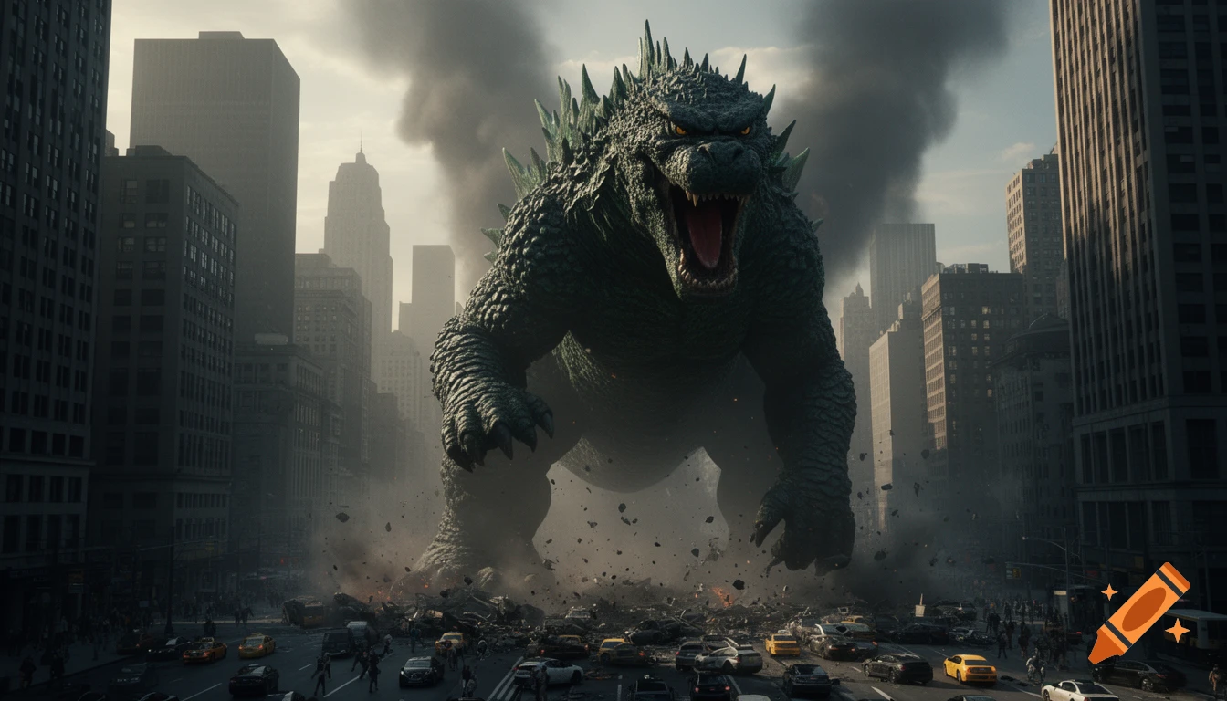 Giant Godzilla roaring and destroying a city street filled with cars and people, with debris flying everywhere.