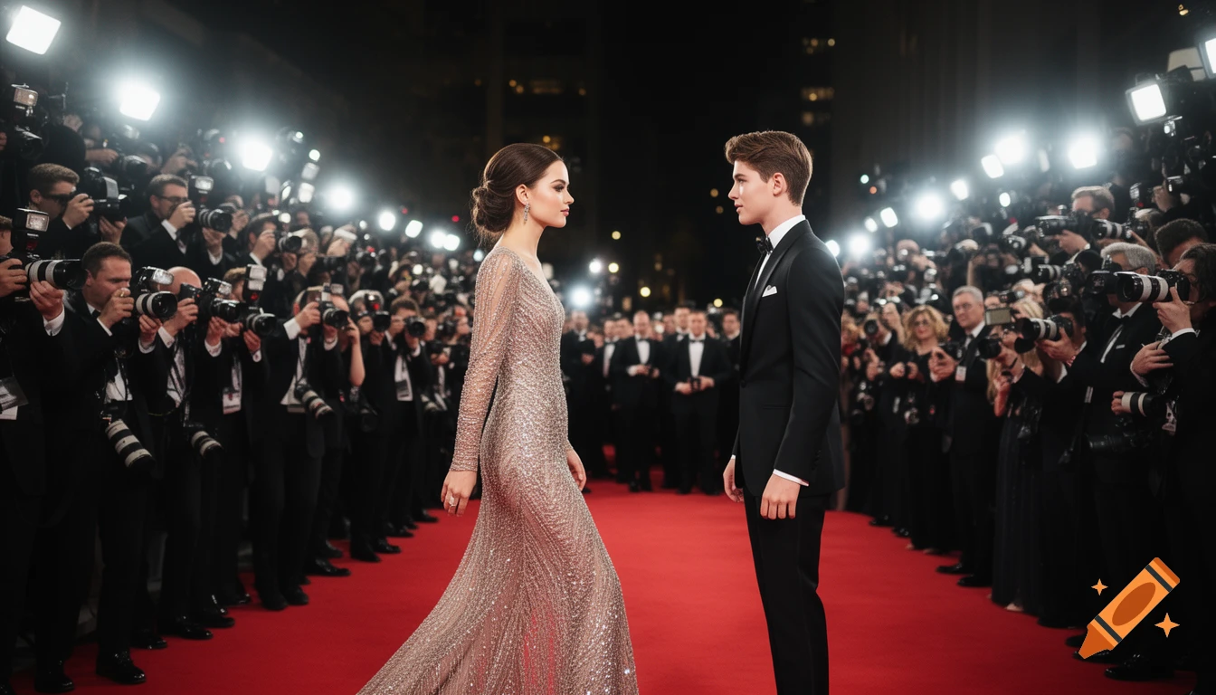 A young man and woman in formal attire stand on a red carpet, surrounded by flashing paparazzi cameras.