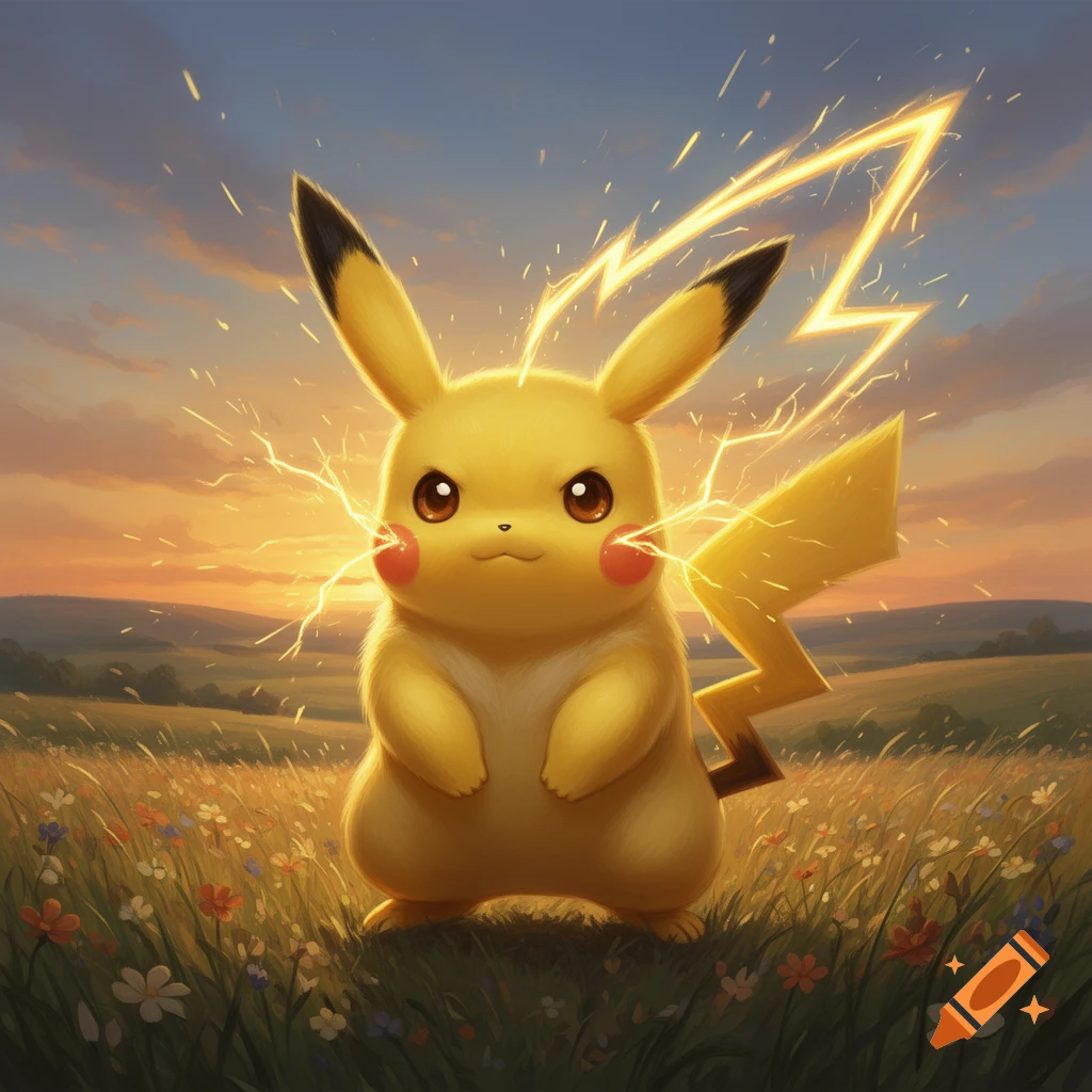 Pikachu stands in a grassy field with electric sparks and a lightning bolt at sunset, digital art.