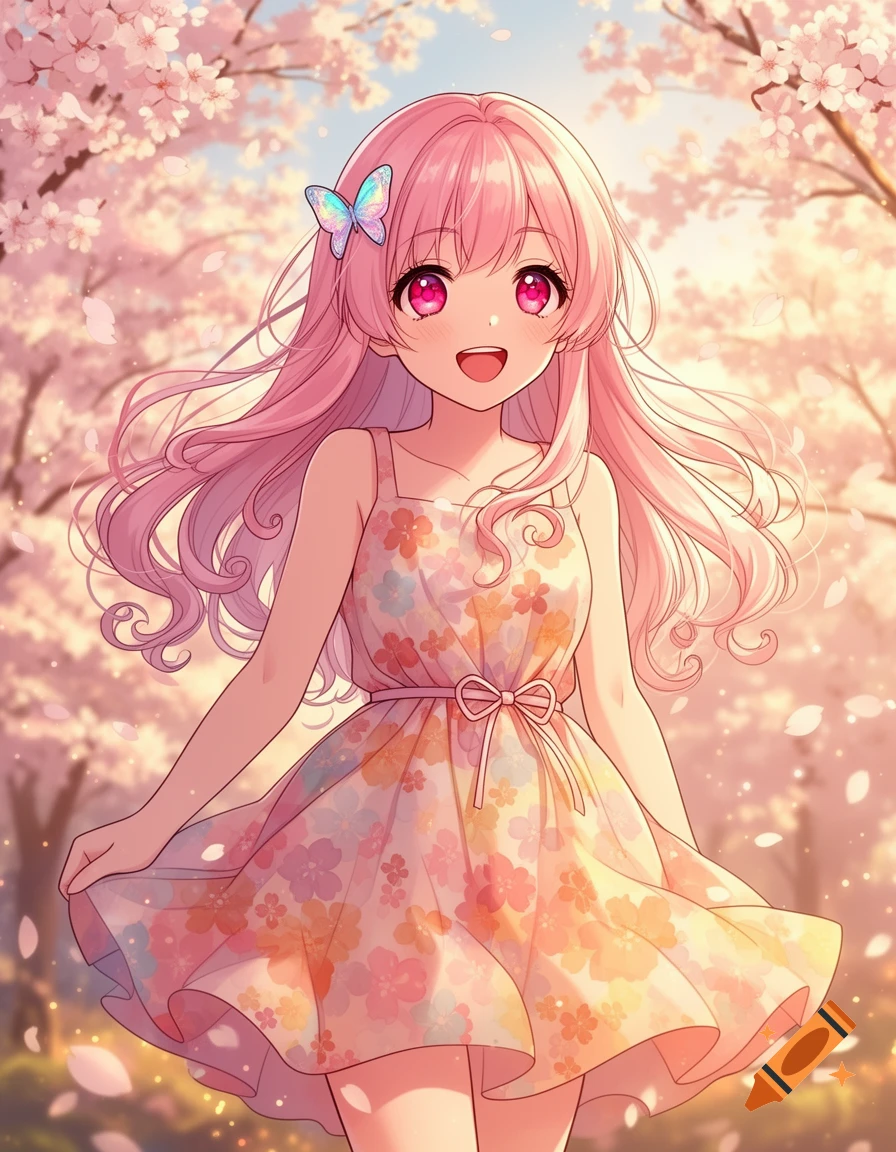 Anime girl with pink hair and pink eyes smiling in a cherry blossom forest with sunlight.