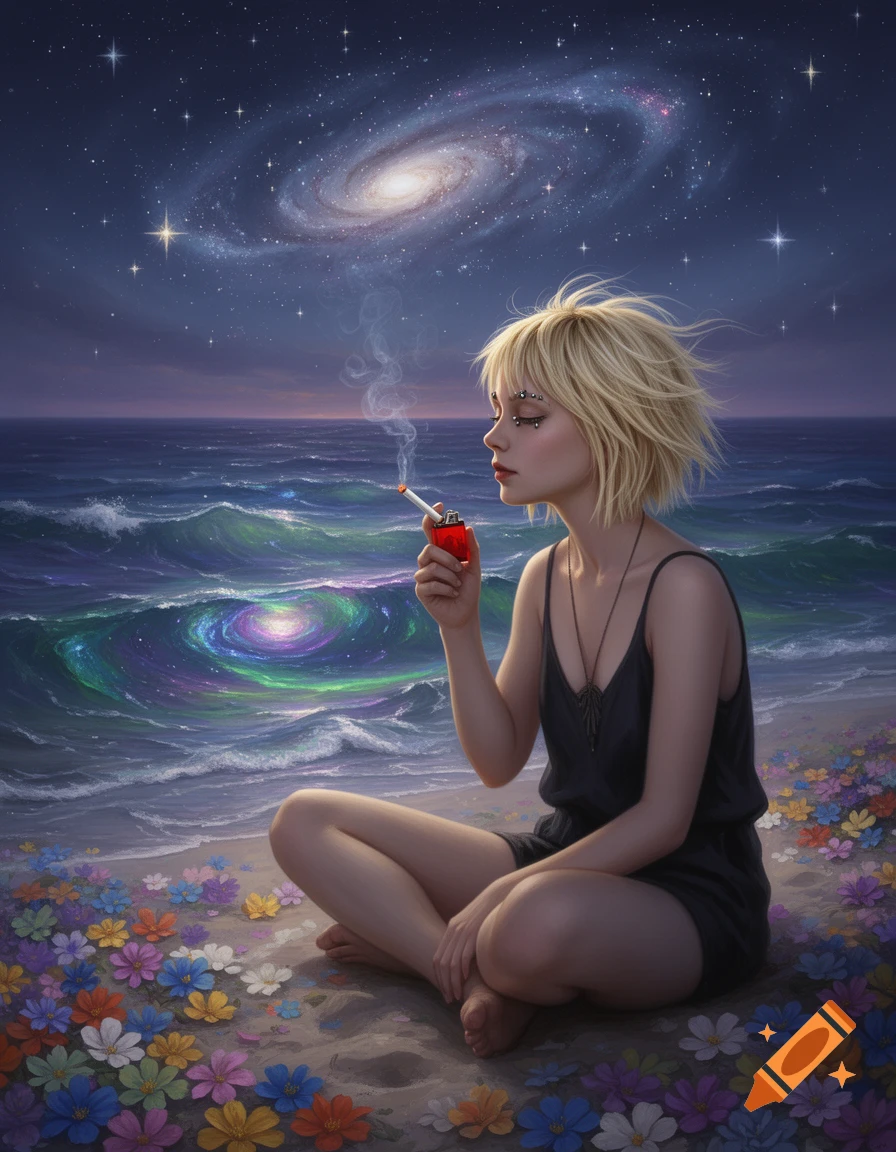 A blonde woman with eyebrow piercings sits on a flower-covered beach at night, smoking, with a galaxy swirling in the ocean and stars filling the sky.