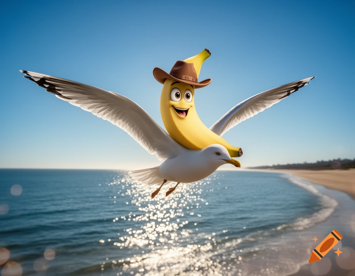 A cartoon banana in a cowboy hat rides a flying seagull over a sunny ocean and beach, in a whimsical photorealistic style.