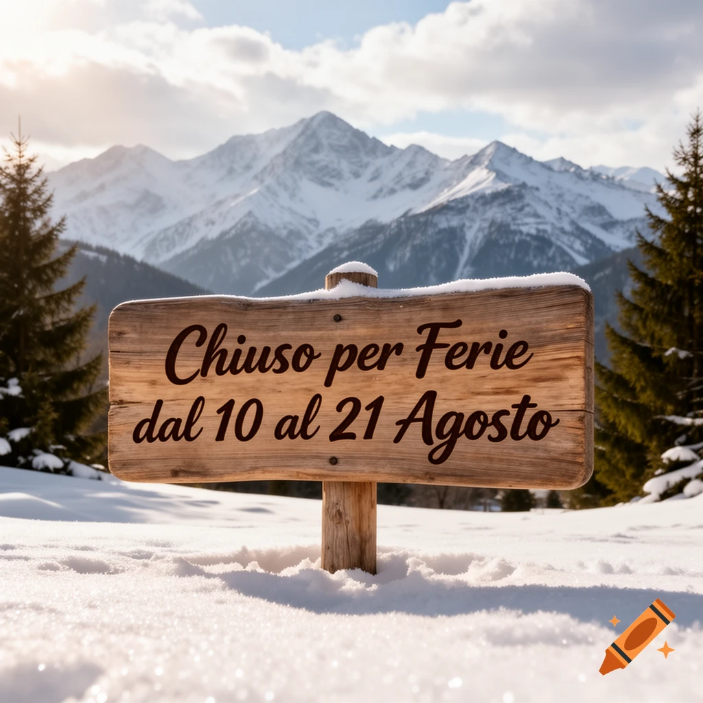 A wooden sign in a snowy mountain landscape announces "Chiuso per Ferie dal 10 al 21 Agosto" (Closed for Holidays from August 10th to 21st).