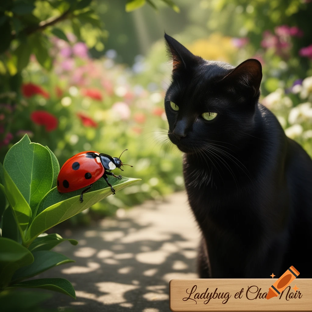 A black cat intently observing a ladybug on a leaf in a sunny garden, with 'Ladybug et Chat Noir' text.