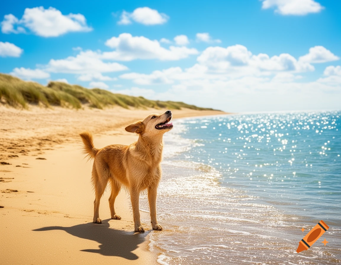 A happy brown dog stands on a sunny beach by the sparkling ocean, looking up.