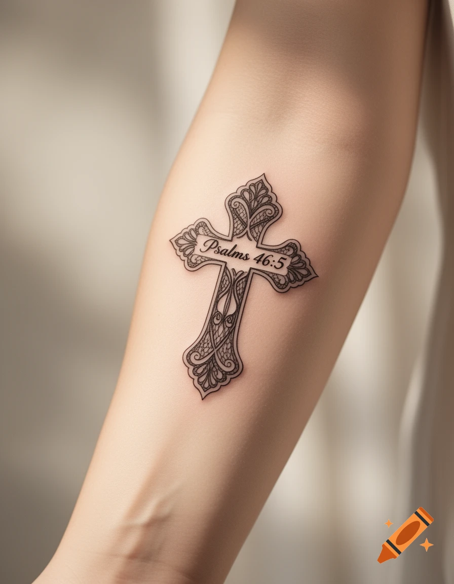 A detailed, decorative cross tattoo with 'Psalms 46:5' inscribed on an arm.