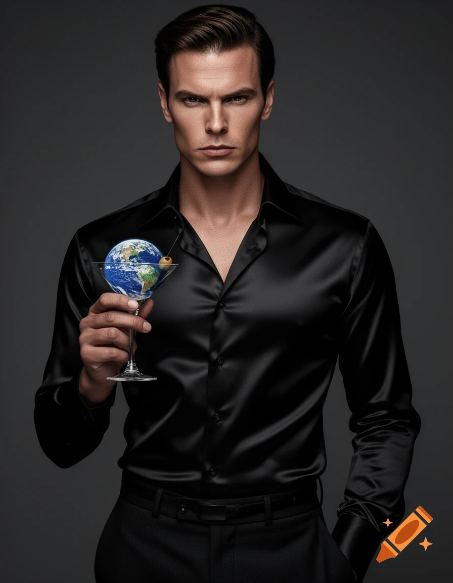 A photorealistic portrait of a serious man in a black satin shirt holding a martini glass containing planet Earth.
