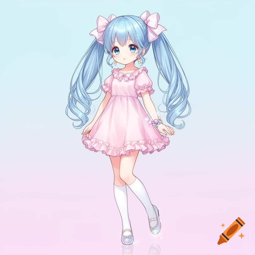 Cute anime girl with light blue twin tails and pink bows, wearing a ruffled pink dress and white knee-high socks.