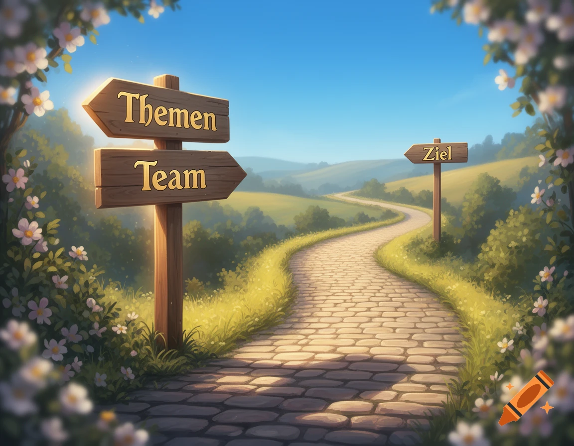A winding stone path through a sunny, green landscape with signposts reading 'Themen', 'Team', and 'Ziel' in an illustrative style.