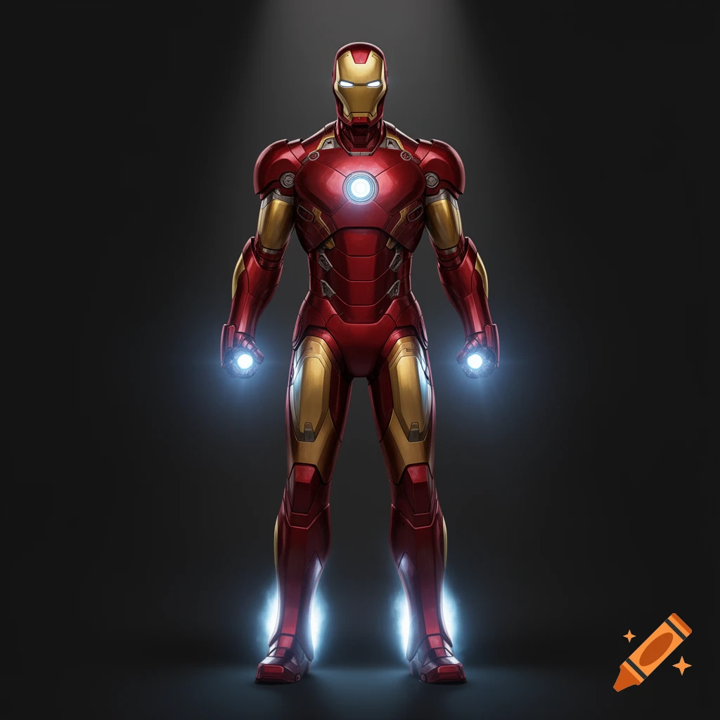 Iron Man in his classic red and gold suit with a glowing arc reactor and repulsors, standing under spotlights on a dark background.