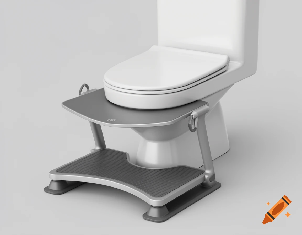 A modern, gray and silver toilet squatting stool positioned in front of a white toilet on a light gray background in a photorealistic style.