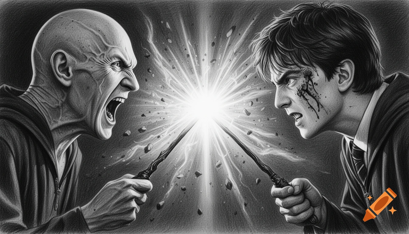 Black and white charcoal sketch of Lord Voldemort and Harry Potter dueling, their wands colliding in a bright magical explosion.