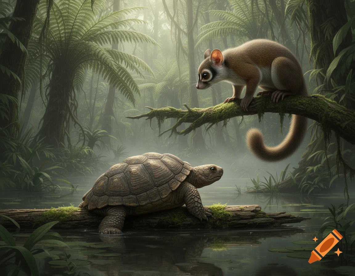 Hyper-realistic illustration of a Plesiadapis on a tree branch observing a prehistoric turtle on a log in a misty Eocene jungle.
