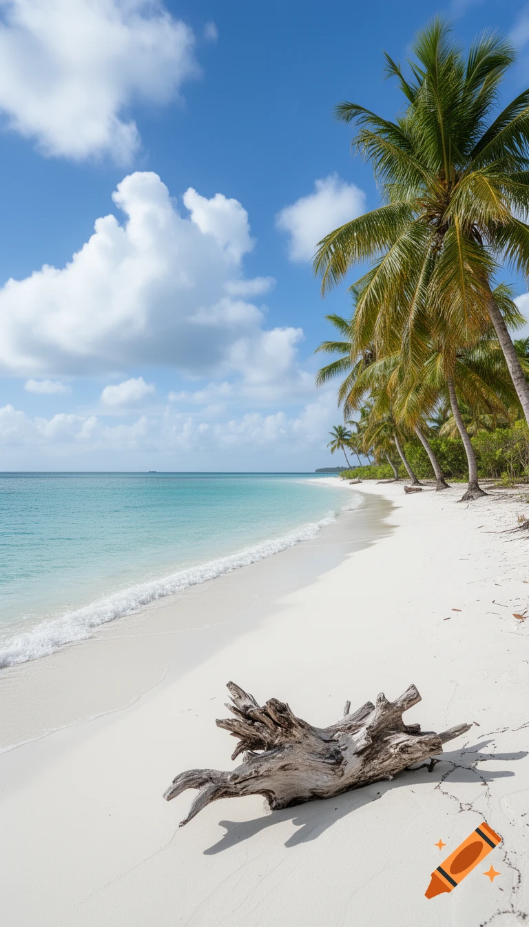 A photorealistic image of a sunny tropical beach with white sand, turquoise ocean, palm trees, and driftwood under a blue sky.