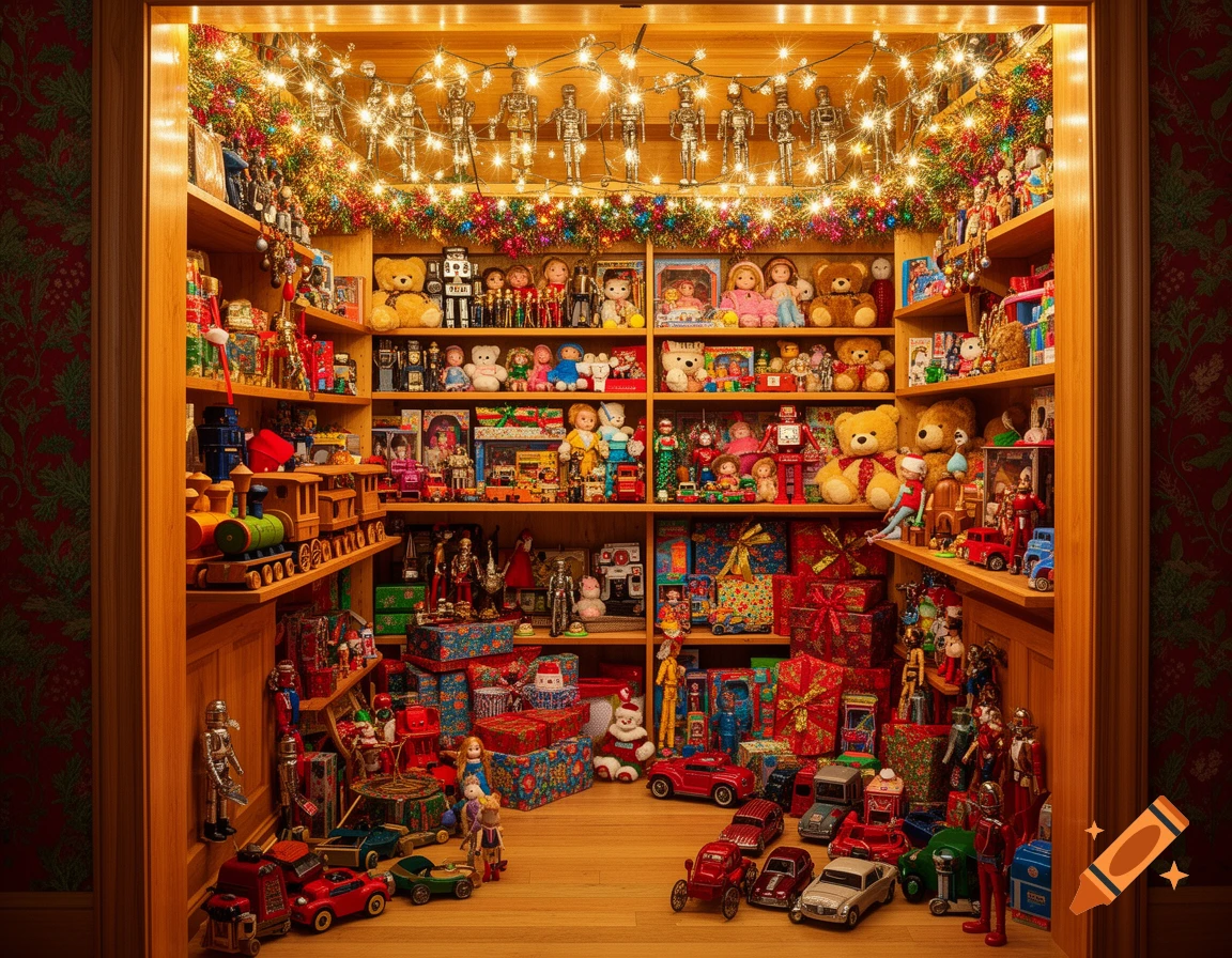 A wooden closet overflowing with shelves of vintage toys, wrapped gifts, and twinkling Christmas lights, creating a festive holiday scene.