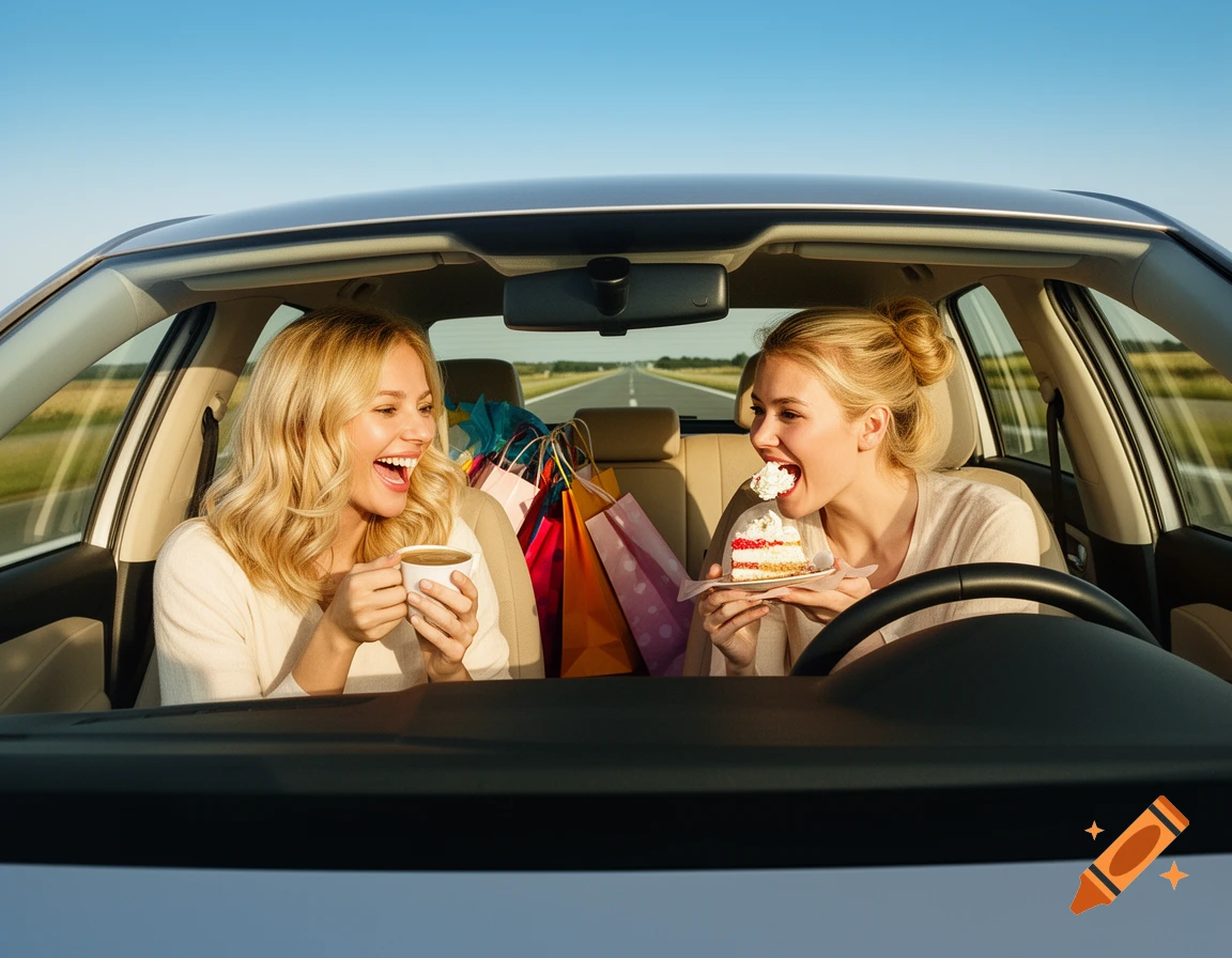 Two blonde women laughing and smiling in a car, one drinking coffee and the other eating cake, with shopping bags.
