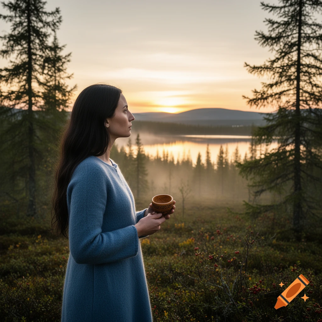 A woman in a blue dress stands in a forest clearing, holding a wooden cup, gazing at a misty lake and sunset.