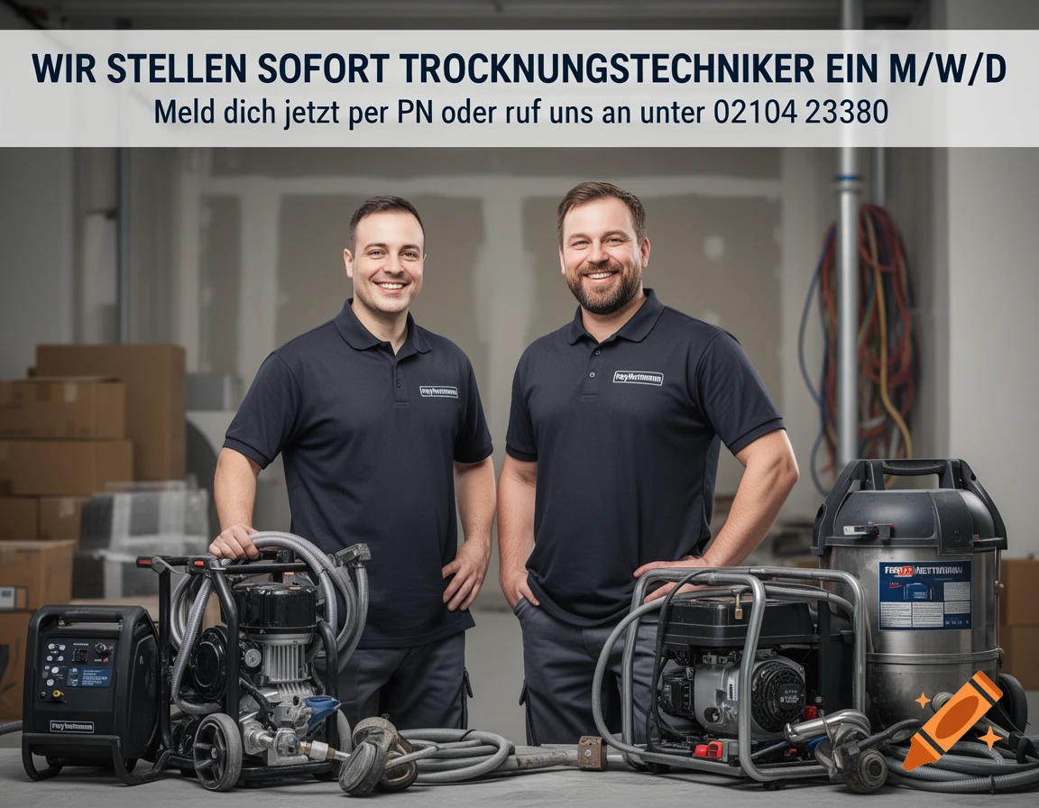 Two smiling men in work uniforms with drying equipment and a job advertisement banner in a construction site setting.