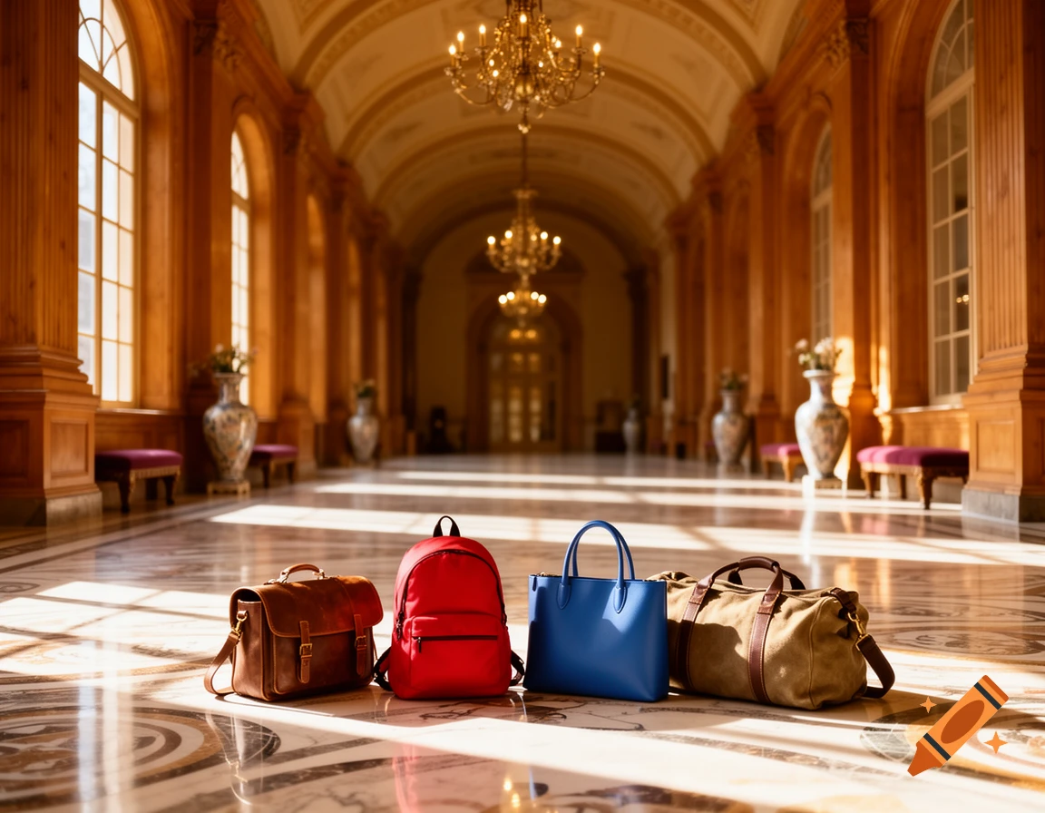 A grand, sunlit hall with a patterned marble floor and arched windows, featuring a brown satchel, red backpack, blue tote, and olive duffel bag in the foreground.