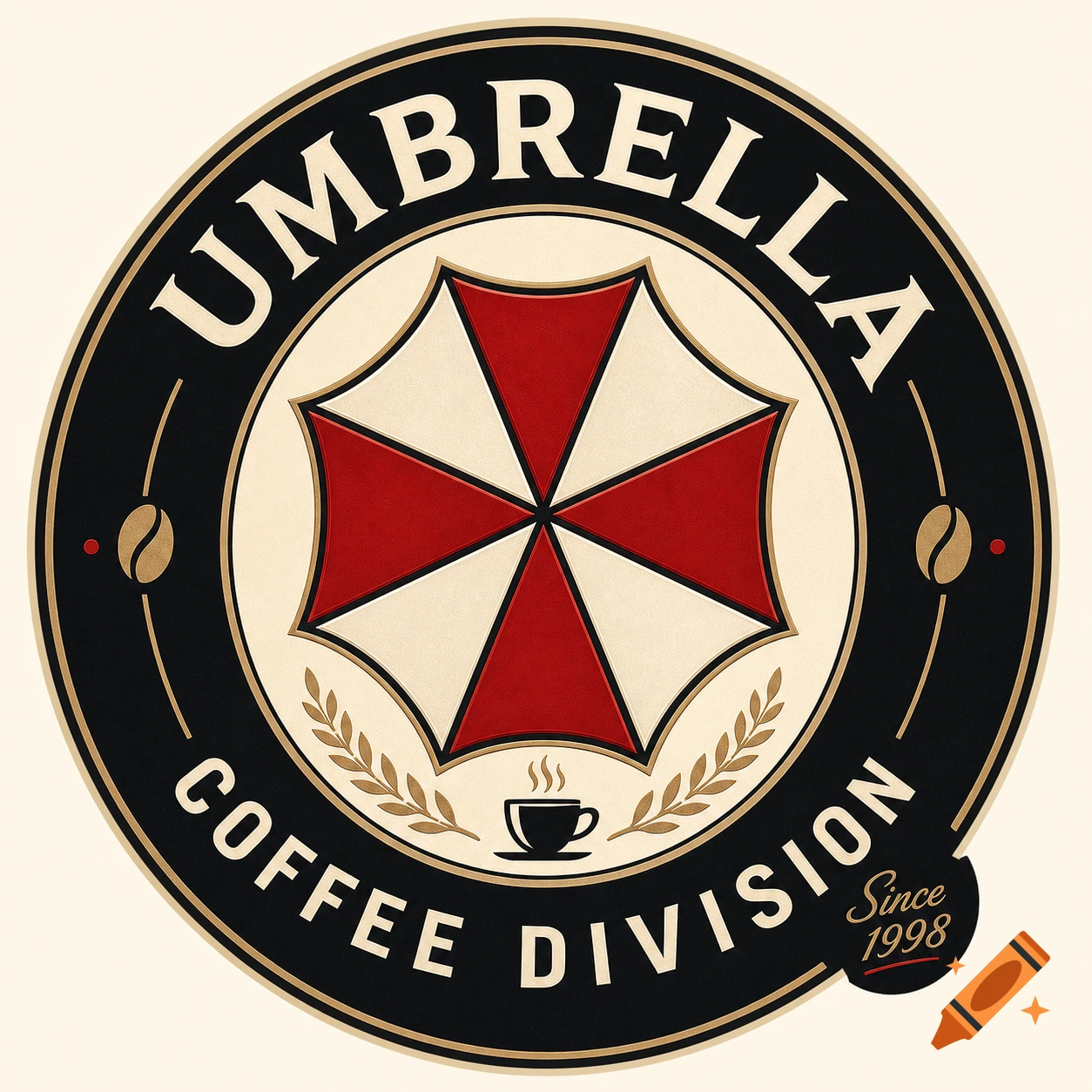 Circular 'Umbrella Coffee Division' logo with red Umbrella Corporation symbol, coffee cup, and coffee beans.