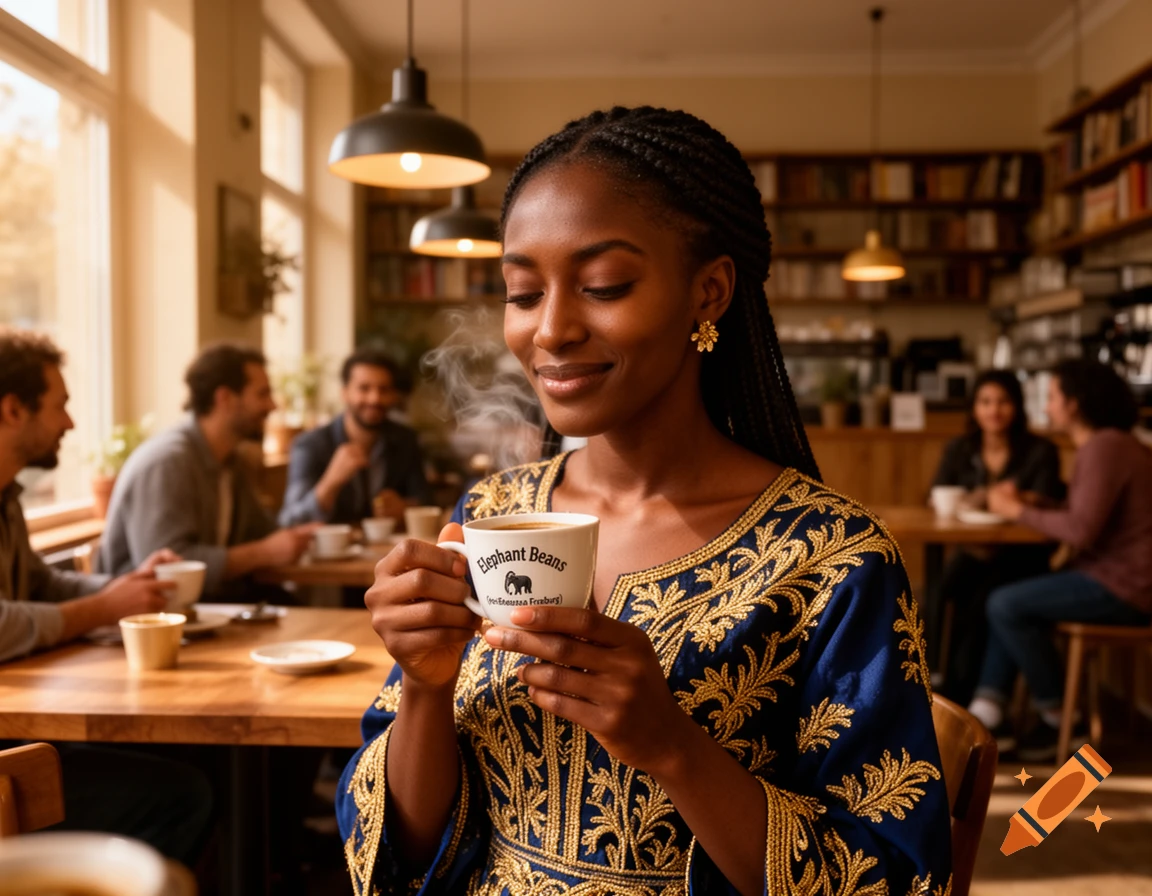 A smiling woman in a blue and gold embroidered dress holds a steaming mug of coffee with "Elephant Beans" branding in a warm, bustling coffee shop.