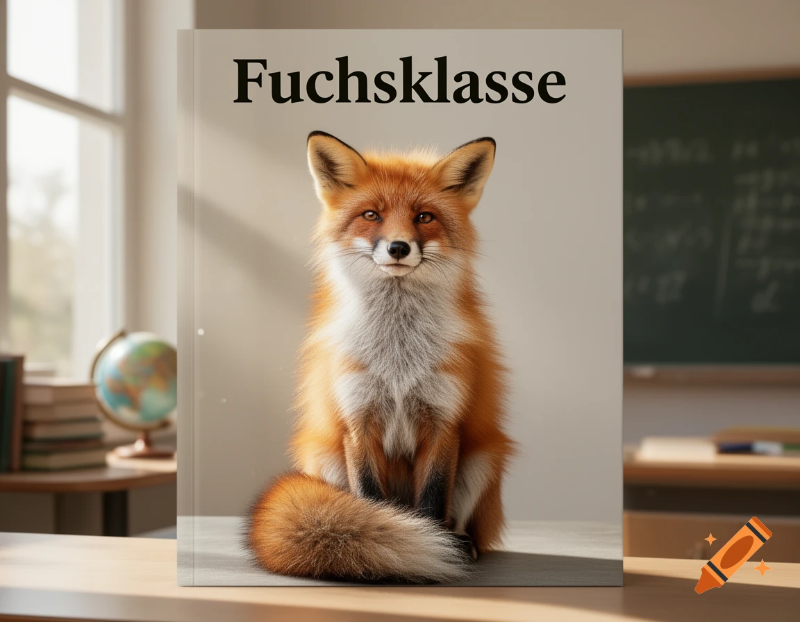 Photorealistic red fox on a book cover titled 'Fuchsklasse' in a bright classroom with a globe.