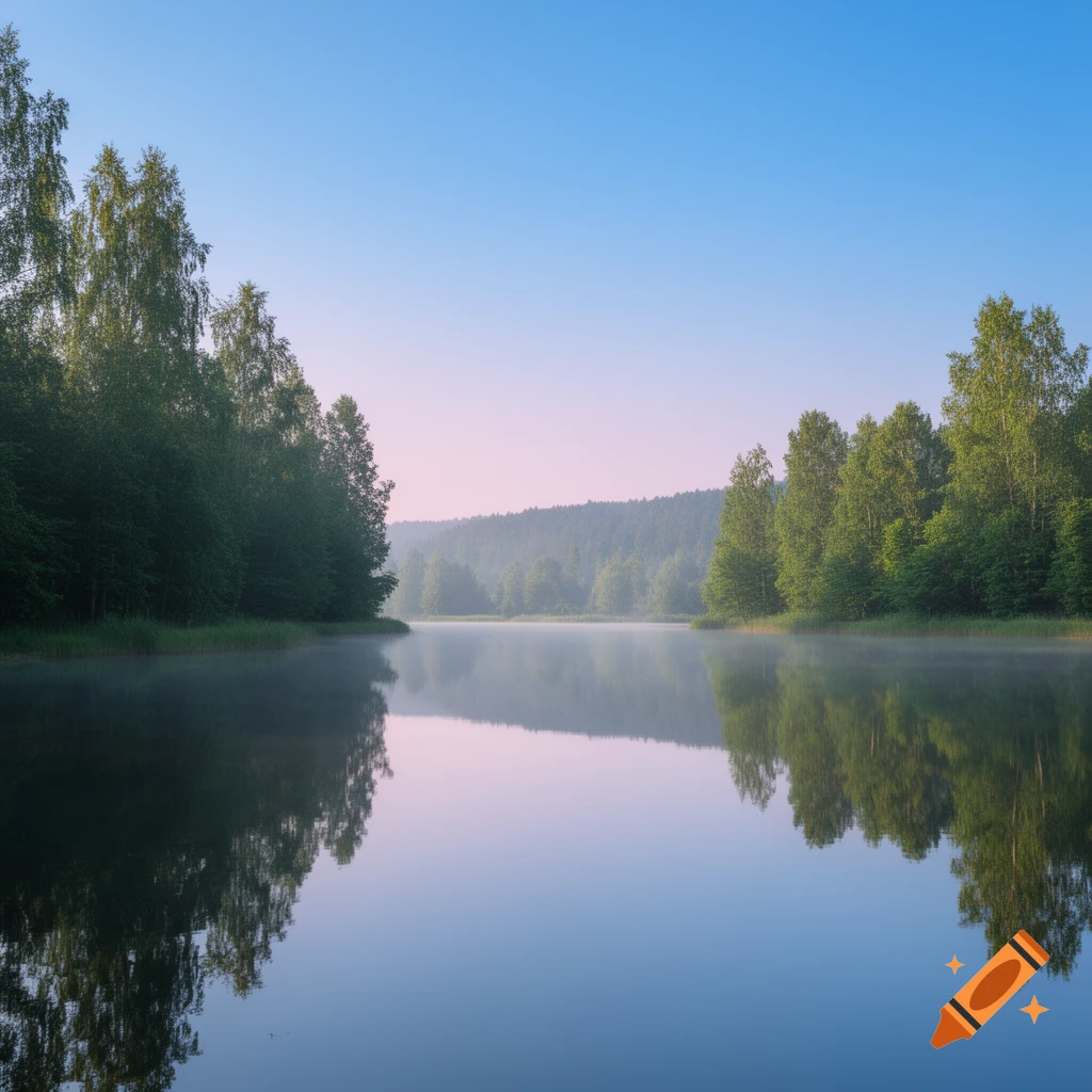 Serene lake with misty water reflecting lush green trees and a clear blue and pink sky at dawn.