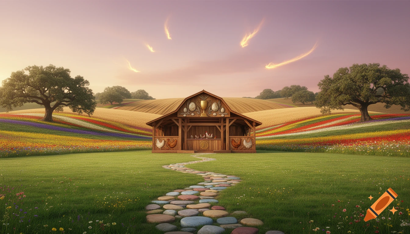 A whimsical landscape with a wooden barn in a grassy field, a colorful stone path, and rolling hills with blooming flowers and trees under a glowing sunset sky.