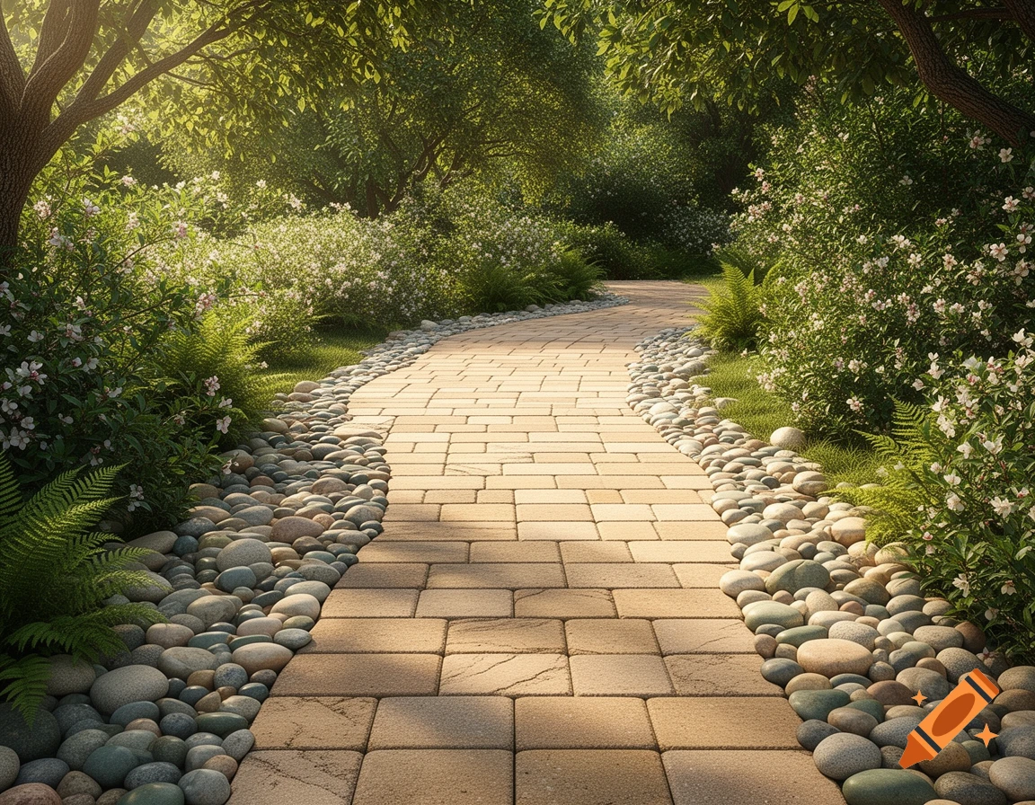 A sunlit garden pathway made of light brown pavers bordered by river rocks, surrounded by lush green foliage and flowering bushes.