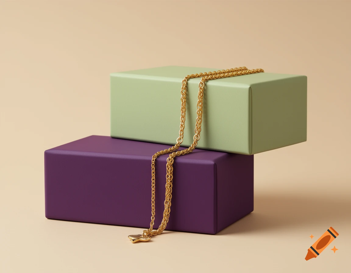A gold chain necklace with a small pendant draped over a light green rectangular box, which rests on a darker purple rectangular box, all on a light beige background.