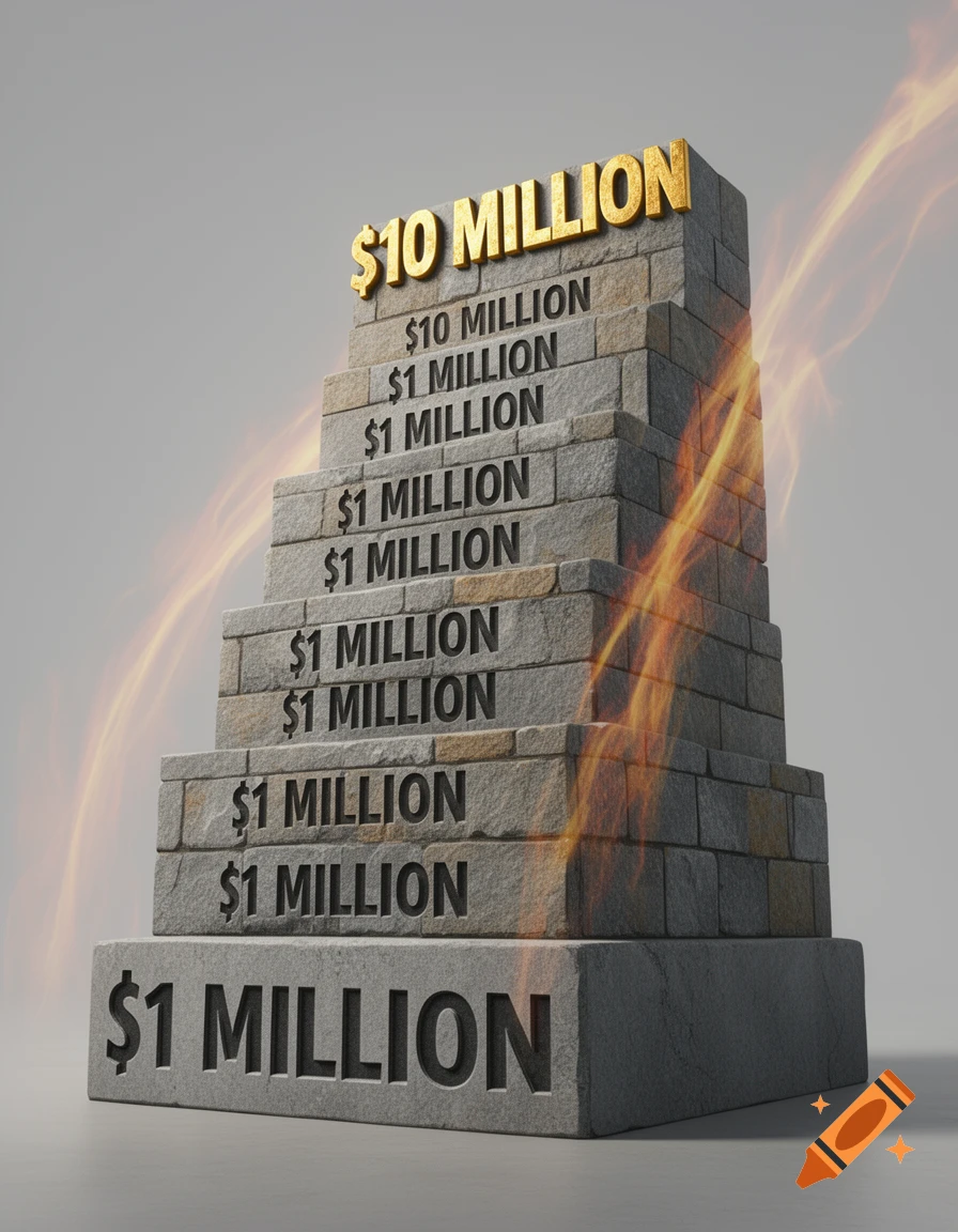 A stone staircase-like structure with '1 MILLION' carved into most steps and '10 MILLION' on the top two steps, against a grey background with fiery wisps.