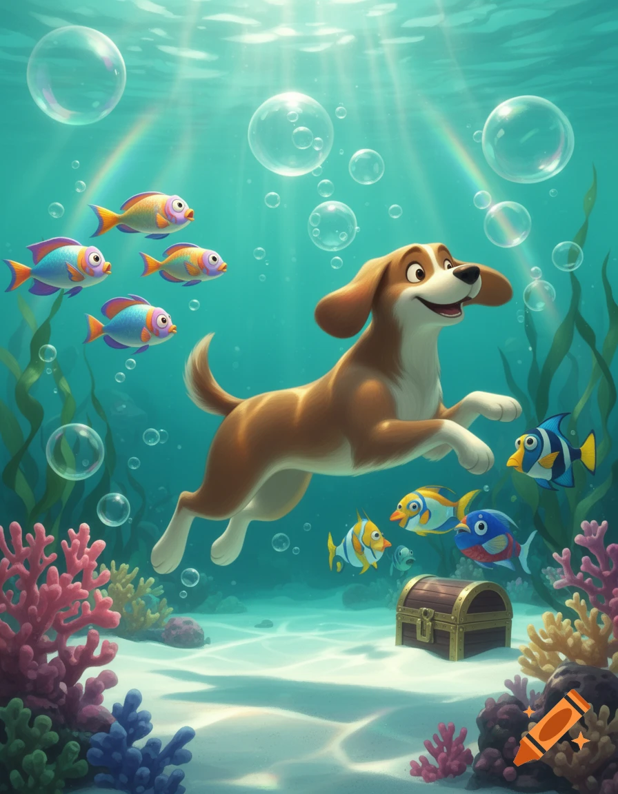 A happy cartoon dog swims cheerfully underwater surrounded by colorful fish, coral, bubbles, and a treasure chest.