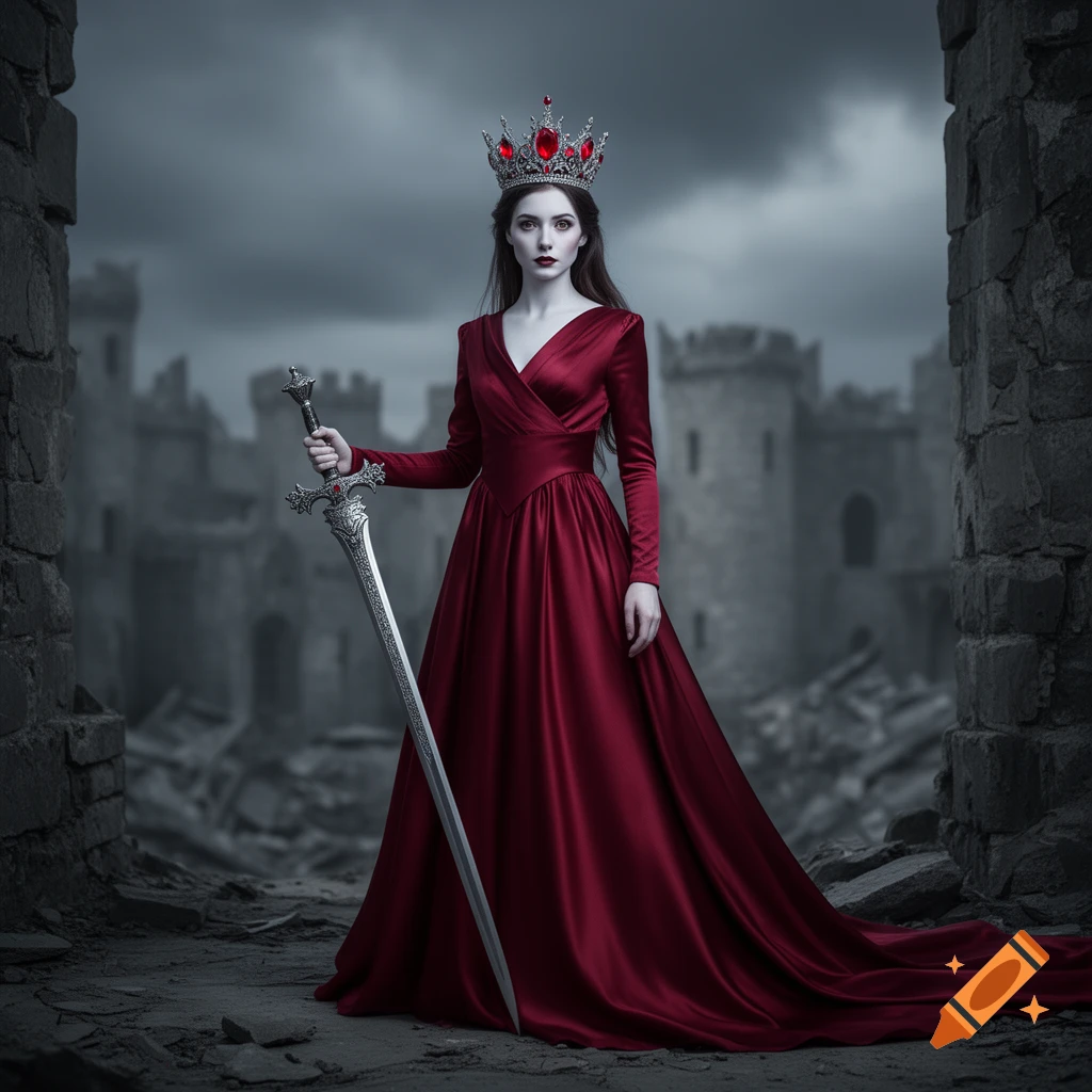 Pale queen in a flowing red gown and ruby crown holds an ornate sword amid a ruined dark castle.