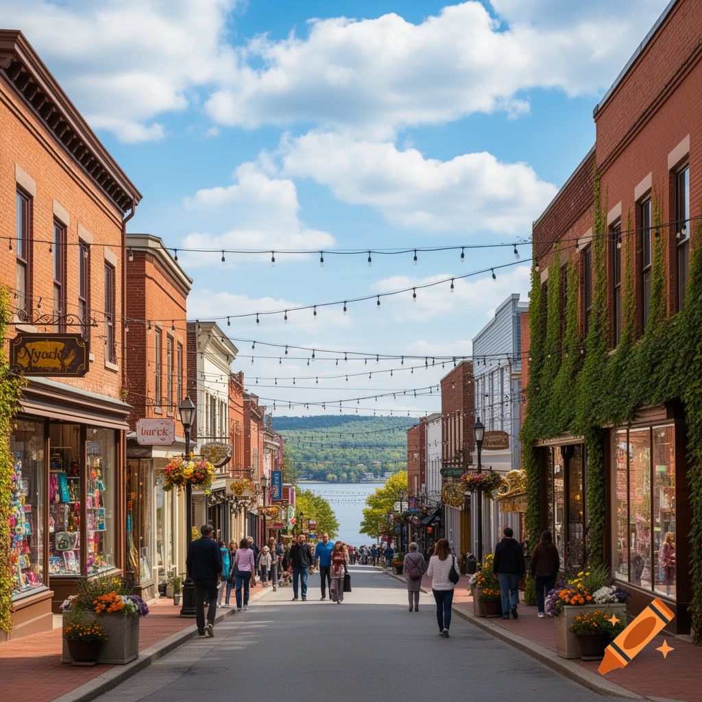 Photorealistic image of a lively town street with brick buildings, shops, people, string lights, and a lake with hills.
