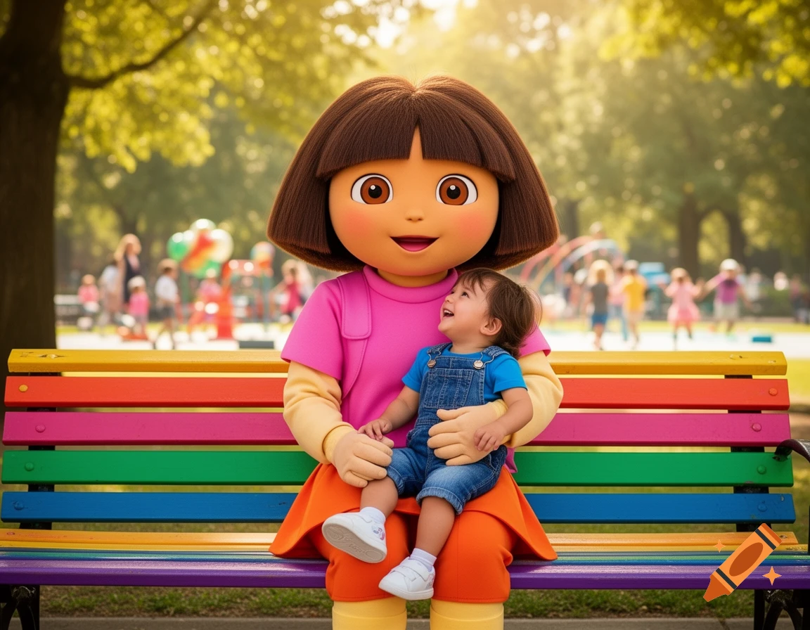 A photorealistic image of a Dora the Explorer mascot sitting on a rainbow bench in a sunny park, holding a smiling child on her knee.